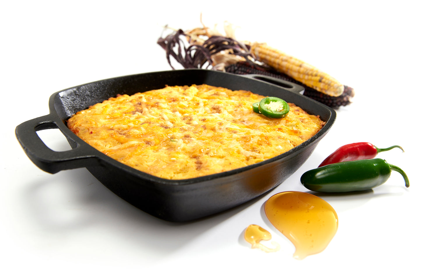 Jalapeno Corn Bread Cake in Square Cast Iron Grill Pan and Skillet