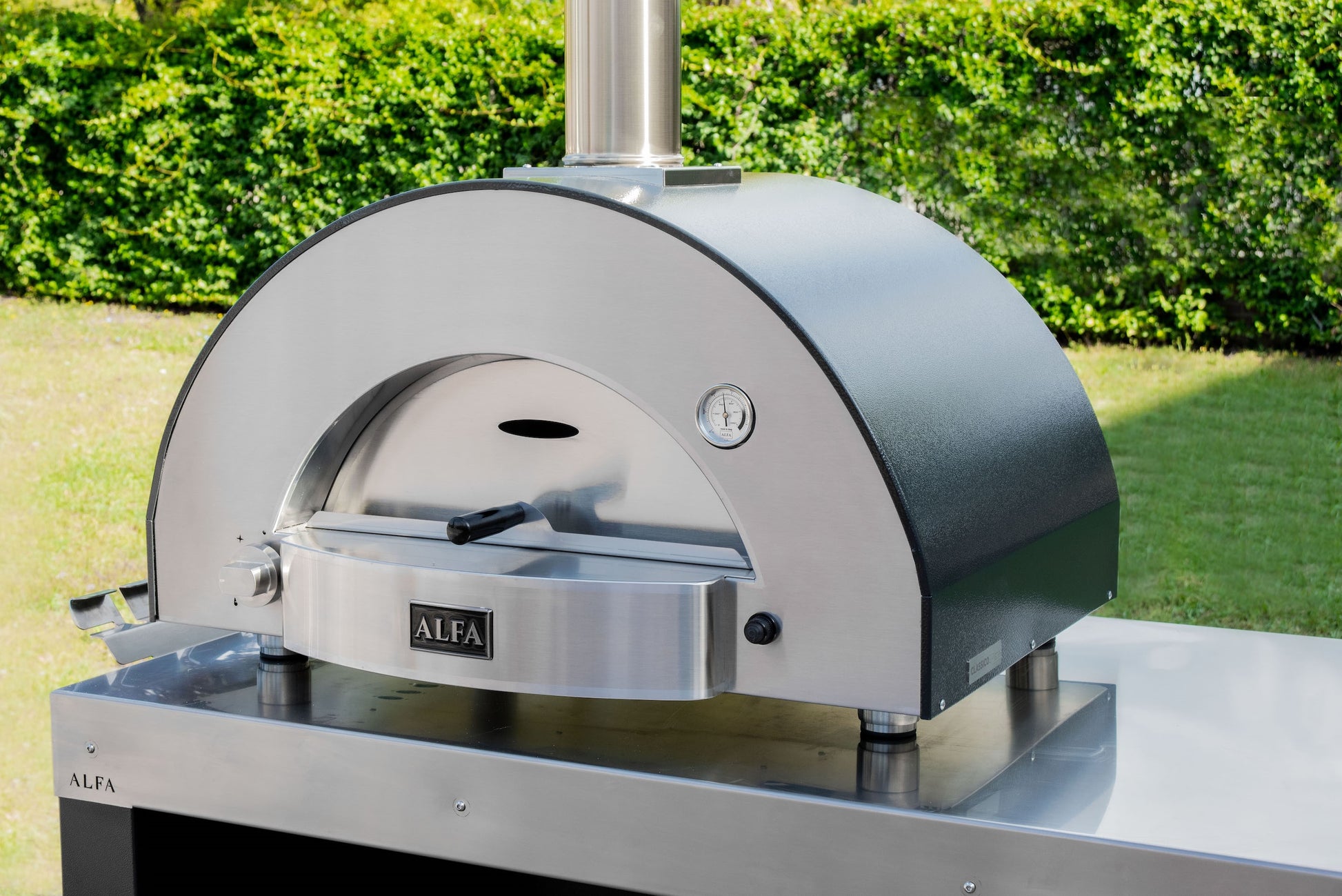 Alfa Classico 2 Pizza Oven on Alfa stainless steel table