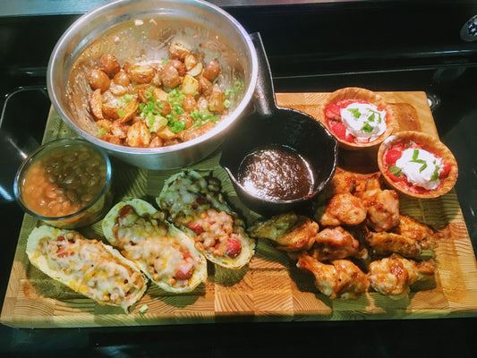 Barbecues Galore Canada Day BBQ Menu  - Cowboy Dogs whiskey maple chicken wings potato salad with mustard dressing strawberry coolwhip cups