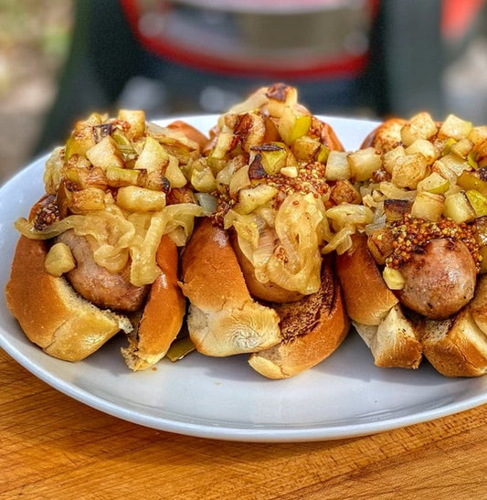 Beer-Poached Grilled Apple Brats