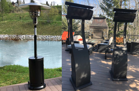 patio heaters on a wooden deck