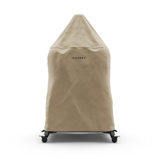 Beige grill cover with 'GOZNEY' branding on a white background