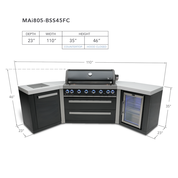 Mont Alpi Black Series 6-Burner Island with 45-degree corners adn Beverage Fridge