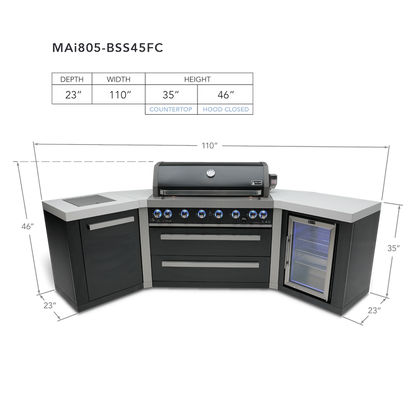 Mont Alpi Black Series 6-Burner Island with 45-degree corners adn Beverage Fridge