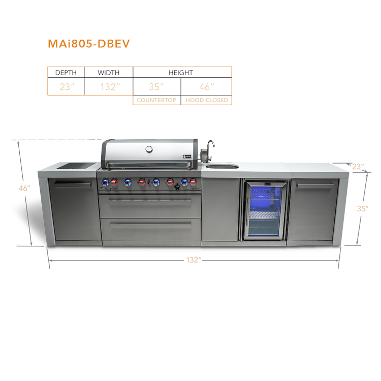 Mont Alpi 6-Burner Deluxe Island with Built in Fridge and Sink