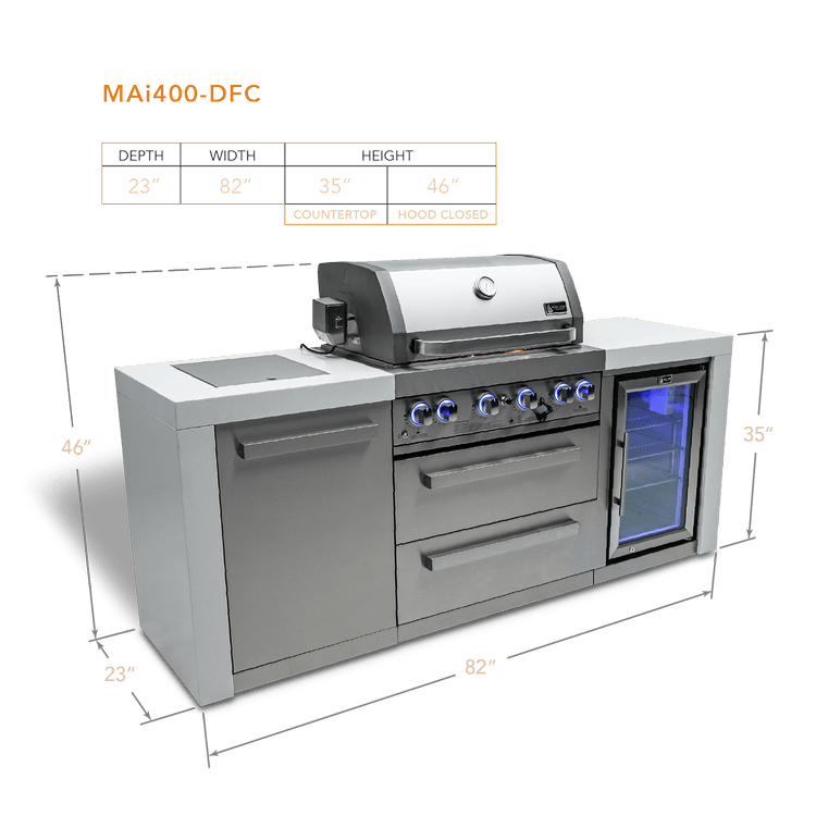 Mont Alpi Outdoor Cooking > Outdoor Kitchens > Islands Mont Alpi 4-Burner Deluxe With Fridge Cabinet