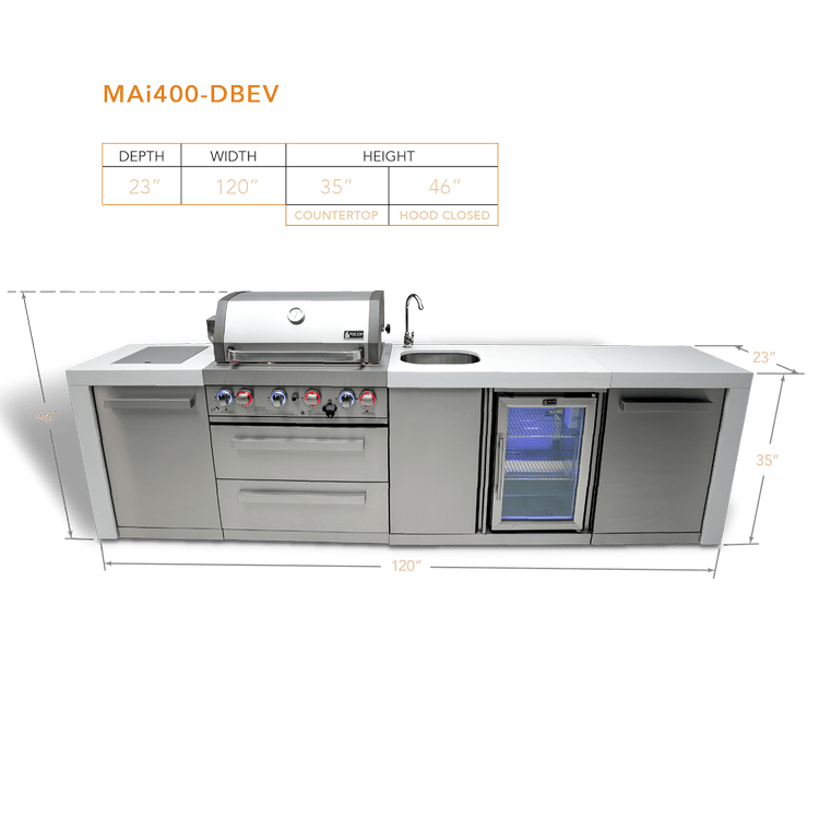Mont Alpi Outdoor Cooking > Outdoor Kitchens > Islands Mont Alpi 4-Burner Deluxe With Fridge Cabinet and Sink