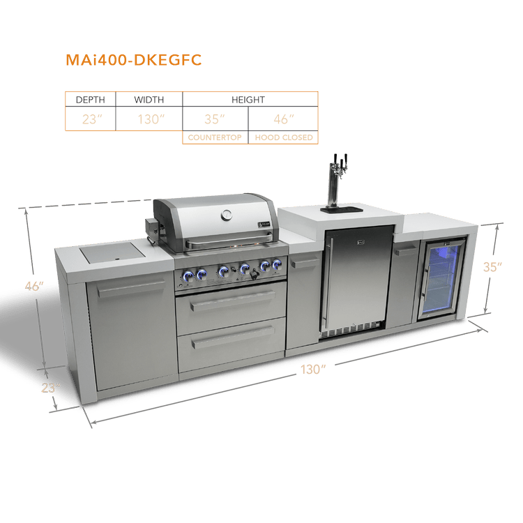 Mont Alpi Outdoor Cooking > Outdoor Kitchens > Islands Mont Alpi 4-Burner Deluxe With Kegerator and Fridge