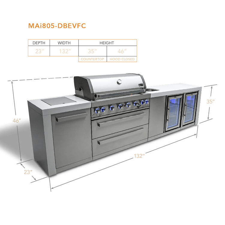 Mont Alpi Outdoor Cooking > Outdoor Kitchens > Islands Mont Alpi 6-Burner Deluxe Island with Built in Duel Fridges and Sink