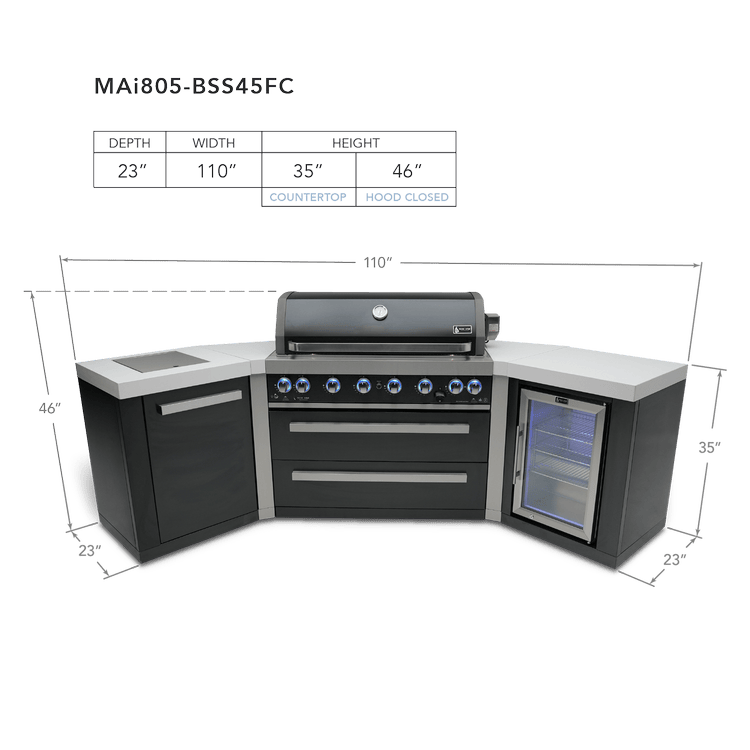 Mont Alpi Outdoor Cooking > Outdoor Kitchens > Islands Mont Alpi Black Series 6-Burner Island with 45-degree corners adn Beverage Fridge