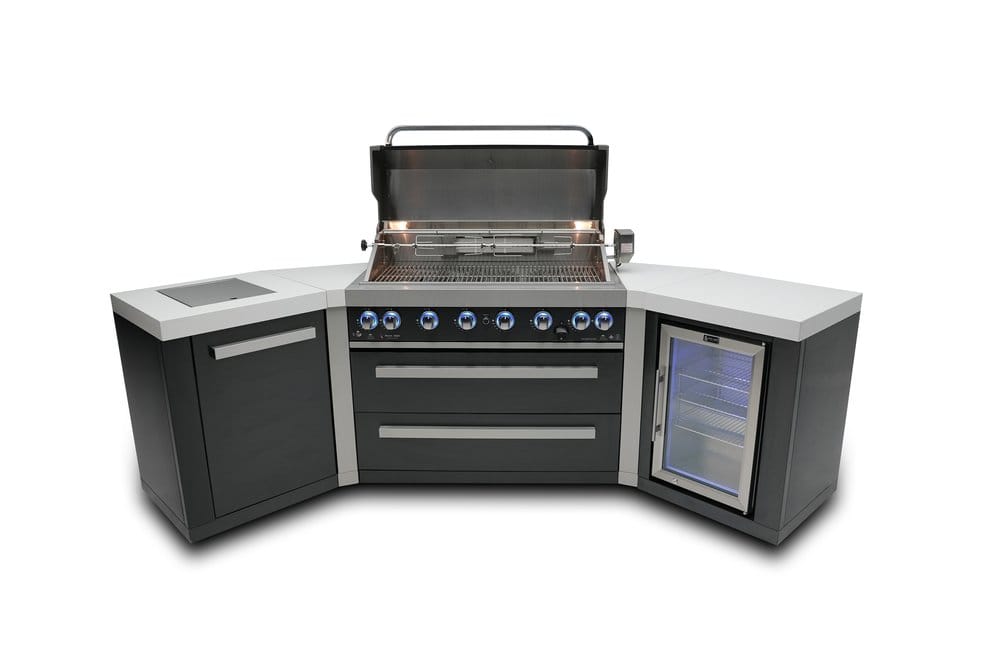Mont Alpi Outdoor Cooking > Outdoor Kitchens > Islands Mont Alpi Black Series 6-Burner Island with 45-degree corners adn Beverage Fridge
