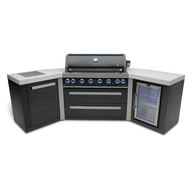 Mont Alpi Outdoor Cooking > Outdoor Kitchens > Islands Mont Alpi Black Series 6-Burner Island with 45-degree corners adn Beverage Fridge