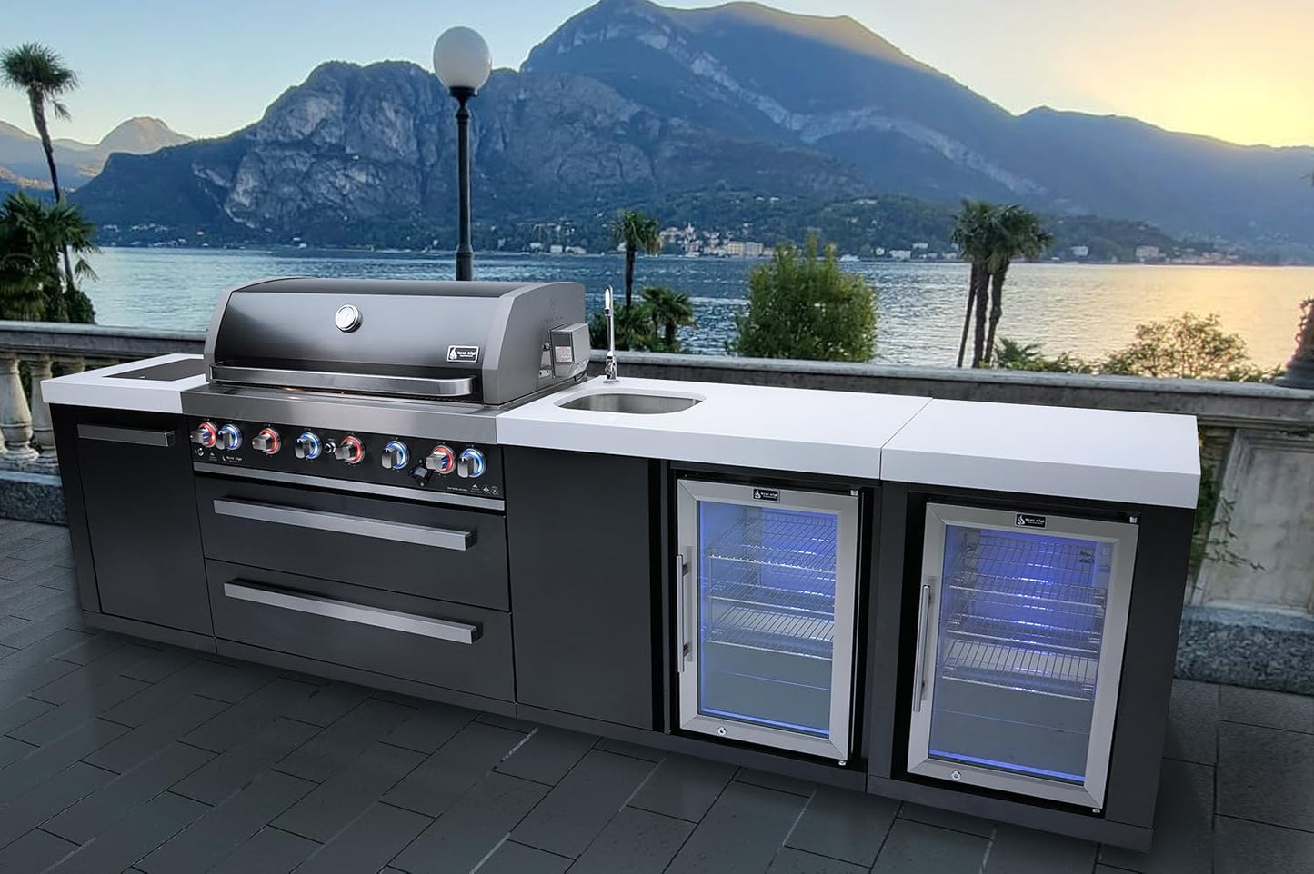 Mont Alpi Outdoor Cooking > Outdoor Kitchens > Islands Mont Alpi Black Series 6-Burner Island with Sink and Beverage Fridge