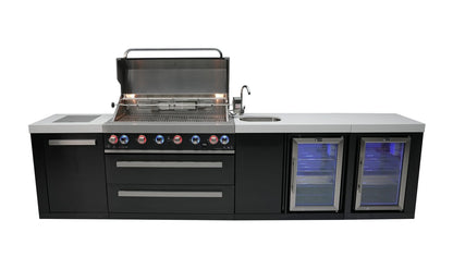Mont Alpi Outdoor Cooking > Outdoor Kitchens > Islands Mont Alpi Black Series 6-Burner Island with Sink and Beverage Fridge