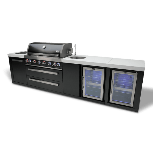 Mont Alpi Outdoor Cooking > Outdoor Kitchens > Islands Mont Alpi Black Series 6-Burner Island with Sink and Beverage Fridge