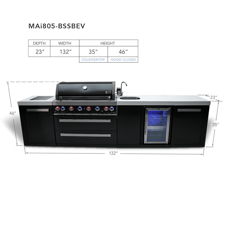 Mont Alpi Outdoor Cooking > Outdoor Kitchens > Islands Mont Alpi Black Series 6-Burner Island with Sink and Beverage Fridge
