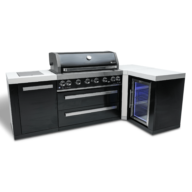 Mont Alpi Outdoor Cooking > Outdoor Kitchens > Islands Mont Alpi Black Series with a 90-degree Corner and Beverage Fridge