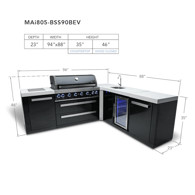Mont Alpi Outdoor Cooking > Outdoor Kitchens > Islands Mont Alpi Black Series with a 90-Degree Corner, Beverage Fridge and Sink