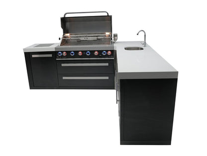 Mont Alpi Outdoor Cooking > Outdoor Kitchens > Islands Mont Alpi Black Series with a 90-Degree Corner, Duel Beverage Fridges and Sink