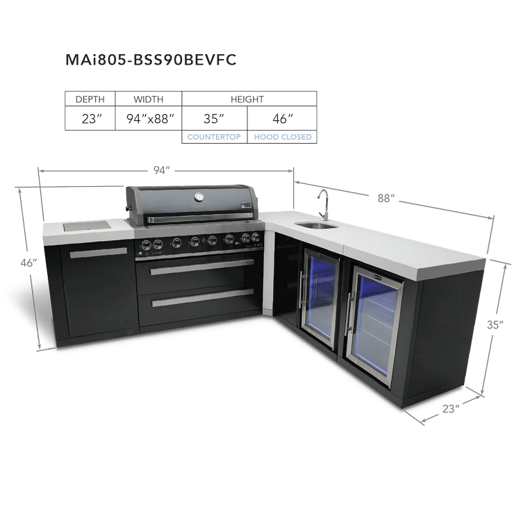 Mont Alpi Outdoor Cooking > Outdoor Kitchens > Islands Mont Alpi Black Series with a 90-Degree Corner, Duel Beverage Fridges and Sink