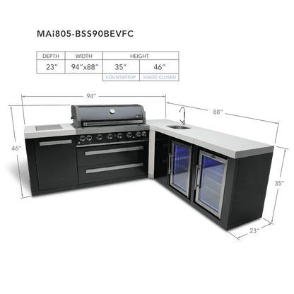 Mont Alpi Outdoor Cooking > Outdoor Kitchens > Islands Mont Alpi Black Series with a 90-Degree Corner, Duel Beverage Fridges and Sink