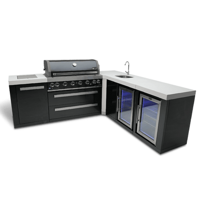Mont Alpi Outdoor Cooking > Outdoor Kitchens > Islands Mont Alpi Black Series with a 90-Degree Corner, Duel Beverage Fridges and Sink