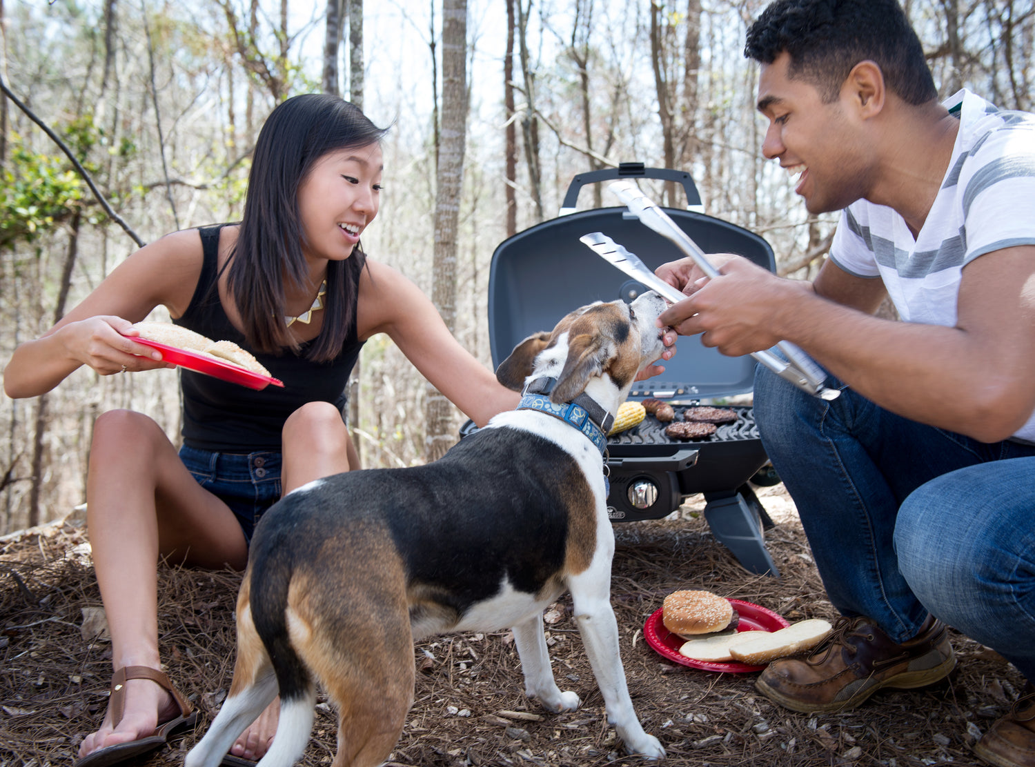 Napoleon Travel Q 285 Portable Grills Lifestyle Image with Couple and Dog