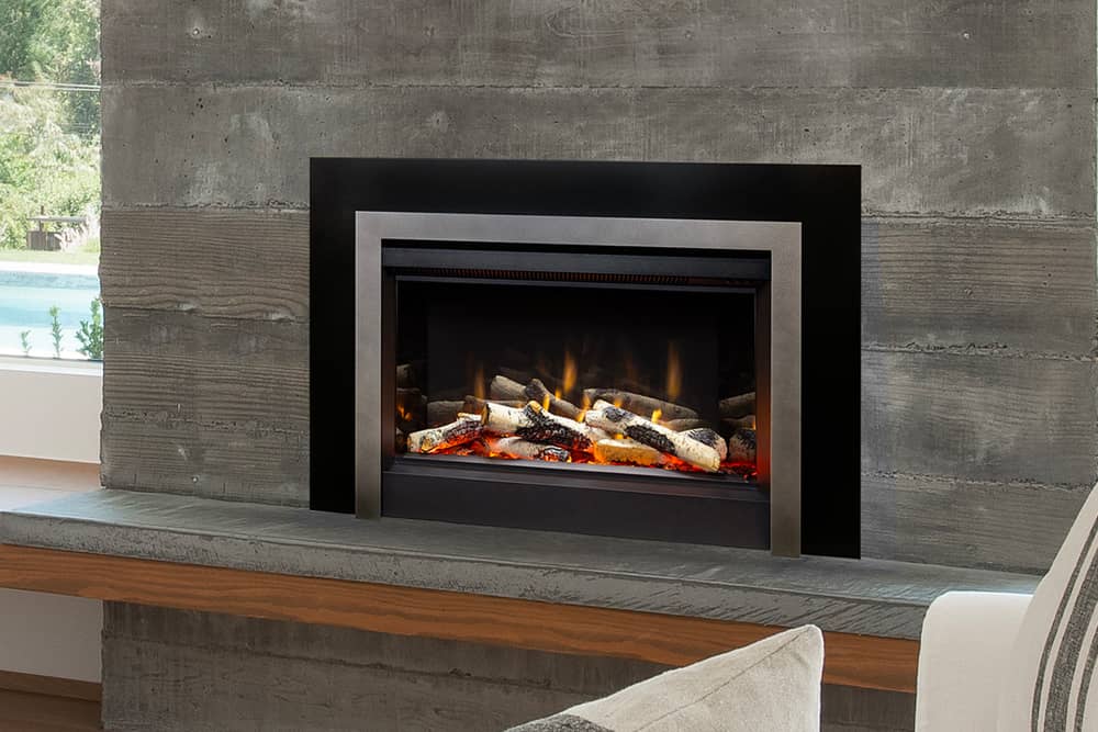 Valor Fireplaces > Electric Fireplaces > Insert Birch Logs / Clearview Front - Vintage Iron / Backing Plate - Black Valor GE3 Electric Fireplace Insert