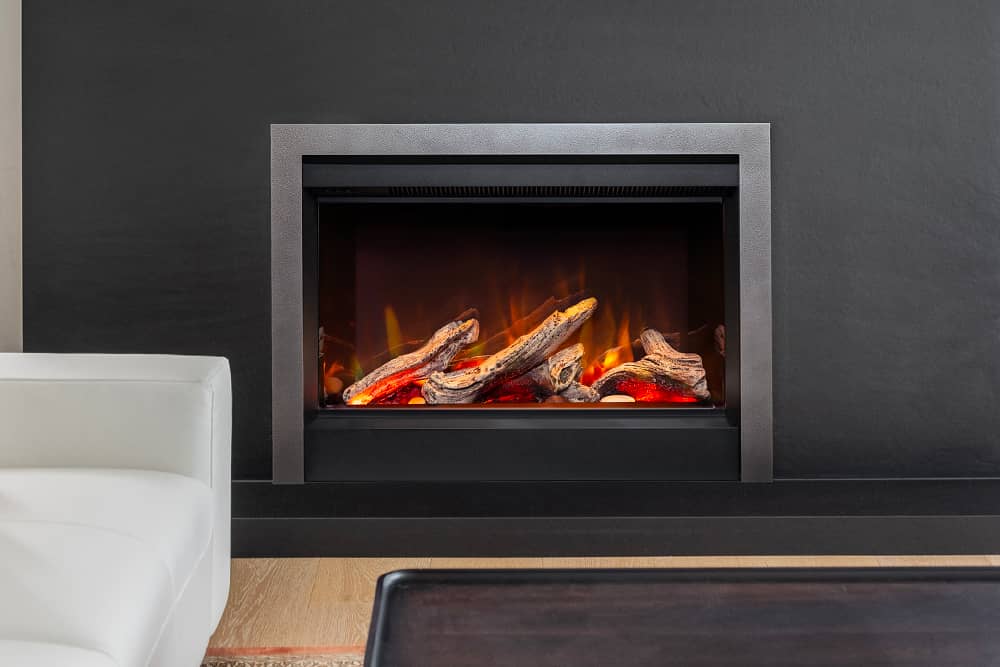 Valor Fireplaces > Electric Fireplaces > Insert Driftwood Logs / Clearview Front - Vintage Iron / Shroud Kit - Black Valor GE3 Electric Fireplace Insert