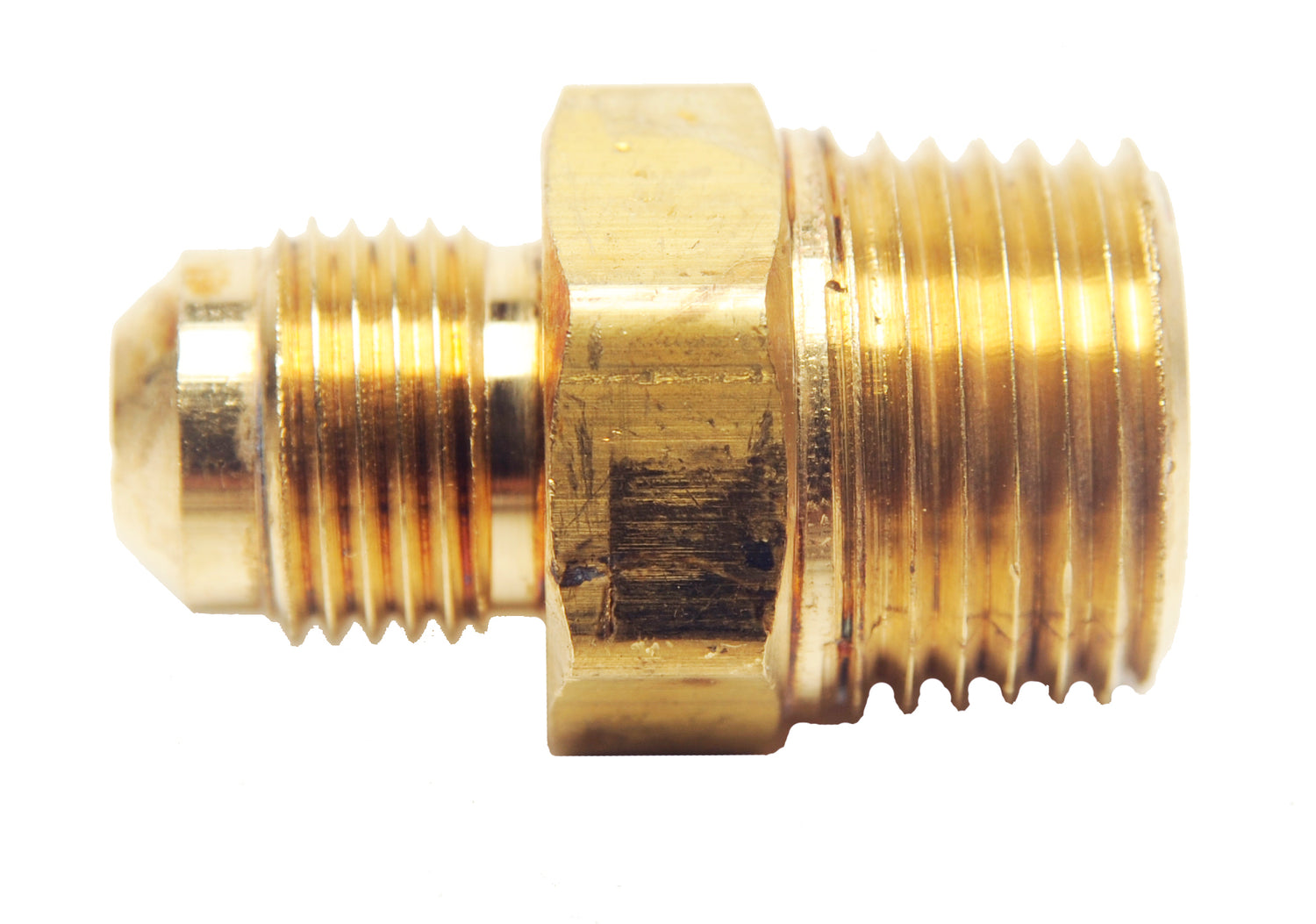 Brass Fitting - 486D 3/8" Male Flare to 1/2" Male Pipe Thread | Barbecues Galore Get it online or in store in Burlington, Oakville, Etobicoke, and Calgary