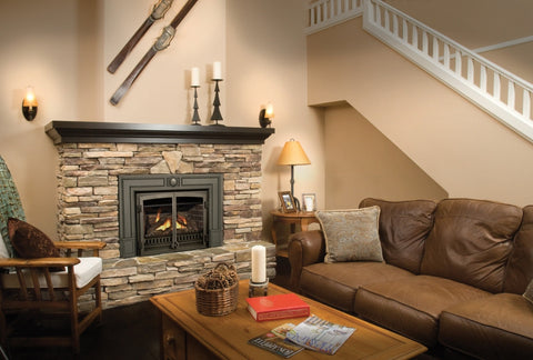 Rustic Natural Gas Fireplace Installed in Stone Hearth in Modern Home
