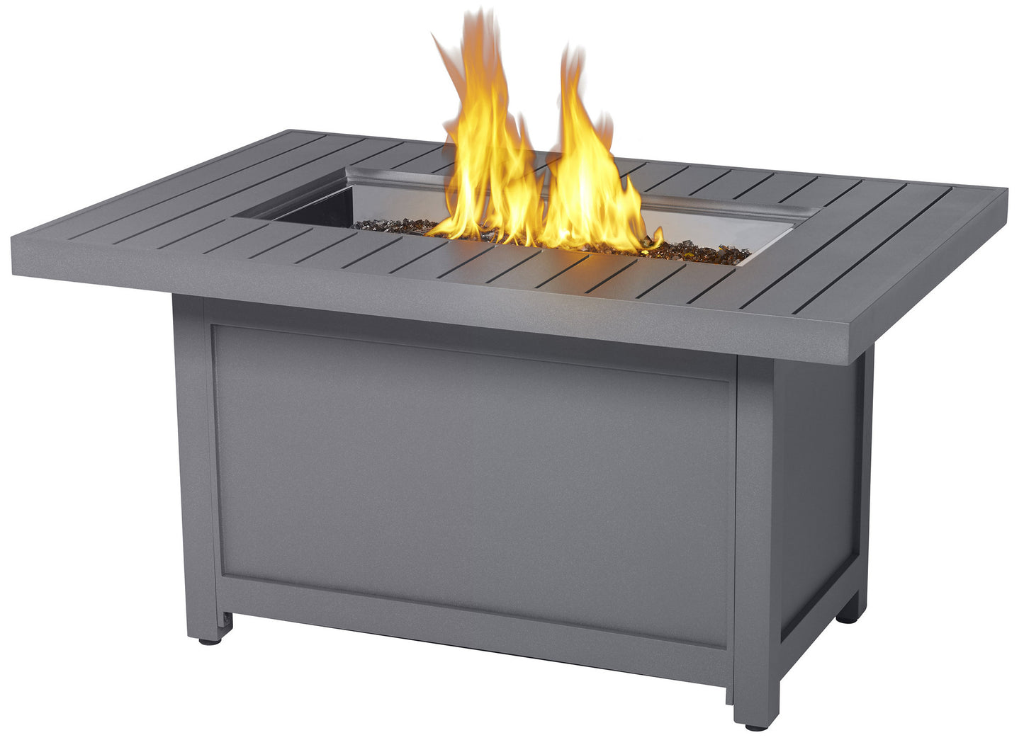 Napoleon Hampton Patio Flame Rectangular Fire Table is grey in colour with an overhanging tabletop. The tabletop is lain down with identical rectangular pieces side-by-side. This fire table can be bought at Barbecues Galore in Calgary, Alberta and the greater Toronto Area in Burlington, Oakville and Etobicoke.