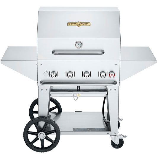 Crown Verity 30" Charbroiler Professional Series.  With the added roll dome, bun rack, side shelves and cover, you know you're getting just about everything your heart can desire out of a luxury grill | Barbecues Galore: Burlington, Oakville, Etobicoke & Calgary.