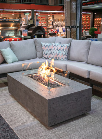 1867 The Brannan Rectangular Fire Table - Natural Gas Lifestyle with C.R. Plastics Tofino set