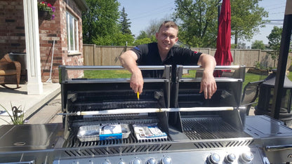 Napoleon Prestige PRO825RSIB – Natural Gas | So much bbq they needed two lids! Traditional barbecue on one side, SIZZLE ZONE infrared cooking zone on the other. Is there anything this grill can’t do. | See it for yourself at Barbecues Galore in Calgary, Alberta and in Ontario is Burlington, Oakville and Etobicoke