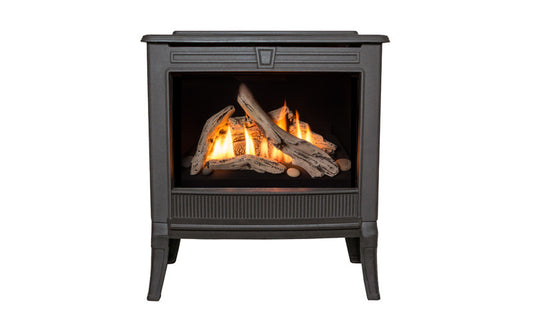 Black Valor Fireplace - Madrona Traditional Freestanding Stove Fireplace with Driftwood Media at Barbecues Galore in Calgary, Alberta and Burlington, Etobicoke, and Oakville, Ontario