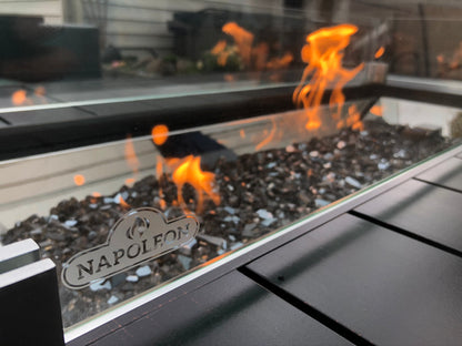 Peering through a Napoleon glass windscreen into St Tropez Fire Table Burner.  Available at Barbecues Galore: Burlington, Oakville ,Etobicoke & Calgary