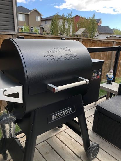 Customer and puppy excited to start grilling on their new Traeger Ironwood 650 Pellet BBQ.  Available at Barbecues Galore: Burlington, Oakville & Etobicoke, ON, and Calgary, AB.