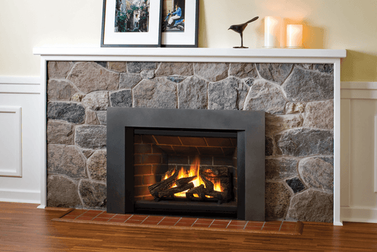 Valor Natural Gas Fireplace with Brick Hearth and Wooden Mantel