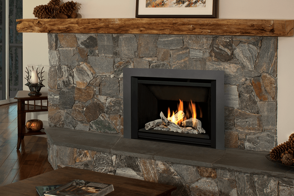 Gas Fireplace with Stone Hearth and Wood Mantel in Modern Home